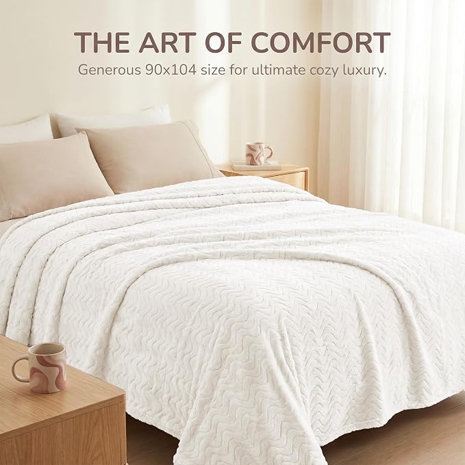 Exclusivo Mezcla Soft Fleece Blanket Queen Size for Bed, Sofa, Ivory | 90"x90" Breathable Lightweight Flannel Blanket for Summer, Plush Cozy Jacquard Wave for Home Decor