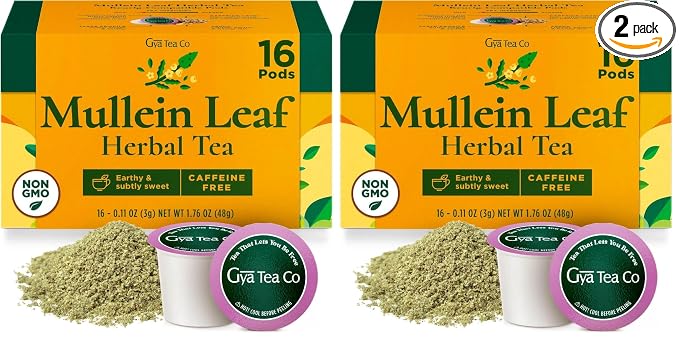 Gya Tea Co Mullein Leaf Herbal Tea Pod (16 Count)- Decaf Wellness Tea for Body Comfort & Relaxing (Pack of 2)