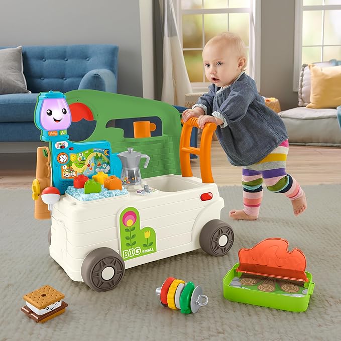 Fisher-Price Baby to Toddler Toy Laugh & Learn 3-in-1 On-the-Go Camper Walker & Activity Center with Smart Stages for Ages 9+ Months, Tan/Green