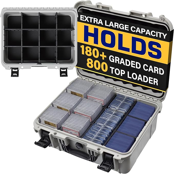 Graded & Trading Card Storage Box – XL Baseball Card Case with 8 Adjustable Dividers, Fits PSA BGS SGC Slabs, Toploaders & Magnetic Holders – Waterproof Hard Shell Sports Card Organizer (Case Only)