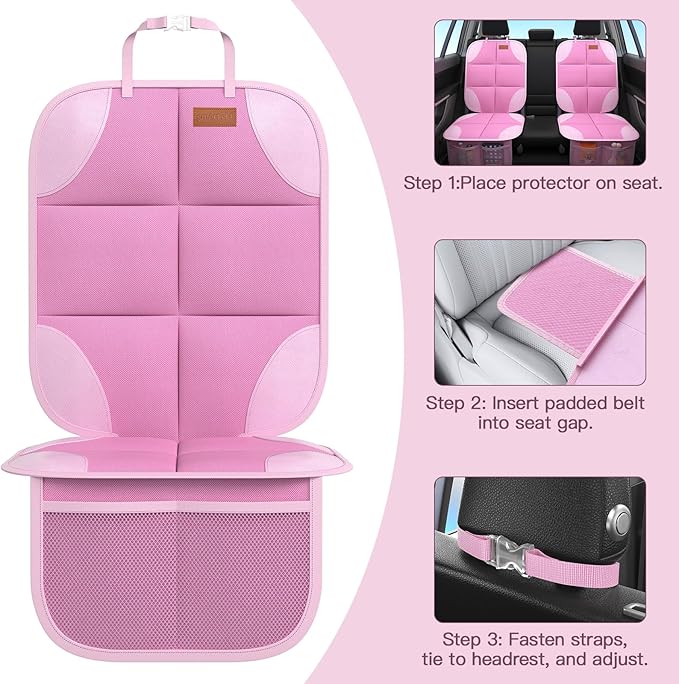 SMART ELF Car Seat Protector, 2 Pack Car Seat Cover, Seat Protector Under Baby Car Seat, Seat Covers with Non-Slip Bottom and 2 Mesh Pockets Suitable for Baby and Pet (Pink)