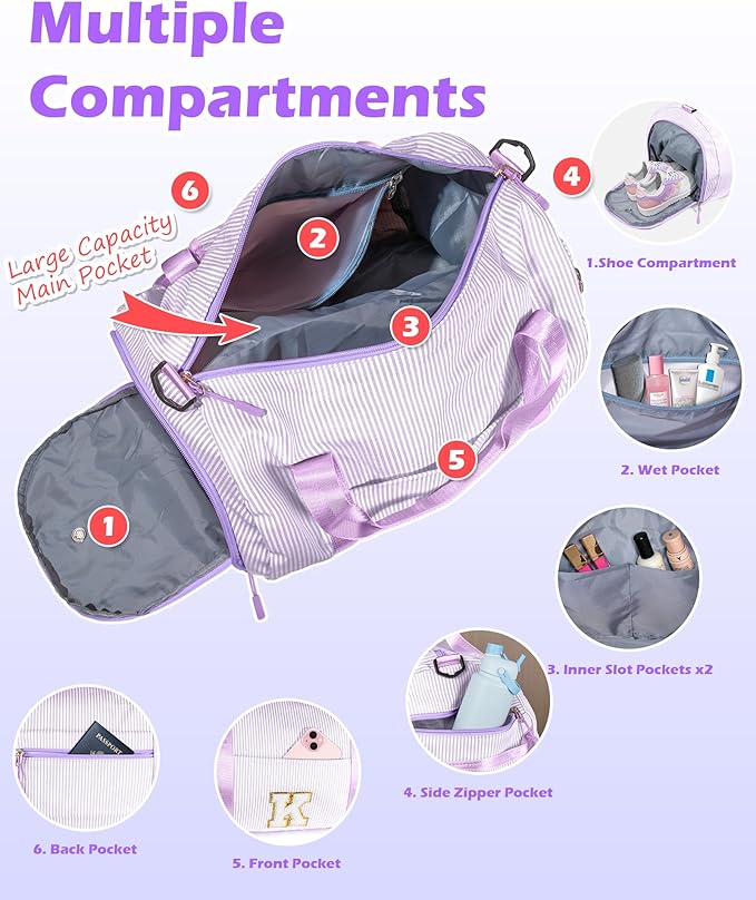 6 Year Old Girl Birthday Gifts, Girls Travel Duffle Bag, Kids Initial Overnight Duffel Bags with Shoe Compartment, Personalized Dance Bag with Cosmetic Pouch, Gift for Sister (Letter D)
