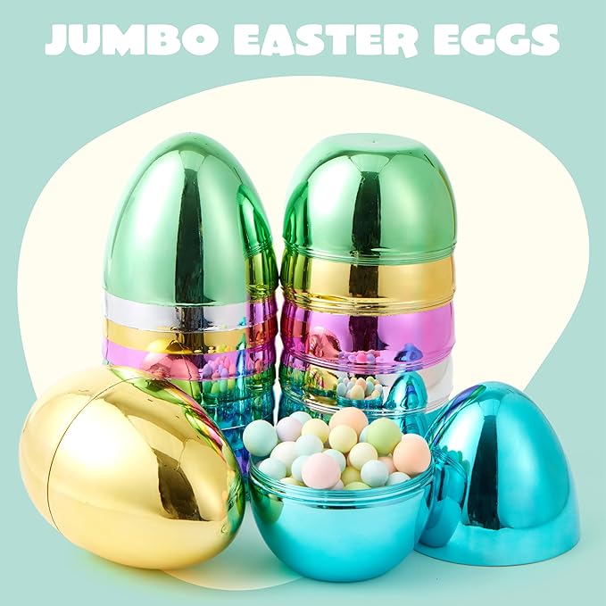 JOYIN 6 Pcs Large Metallic Easter Eggs, 6 Inches Colorful Jumbo Plastic Eggs Fillable for Easter Themed Hunt Basket Stuffers Fillers Filling Treats Party Favor Classroom Prize Supplies