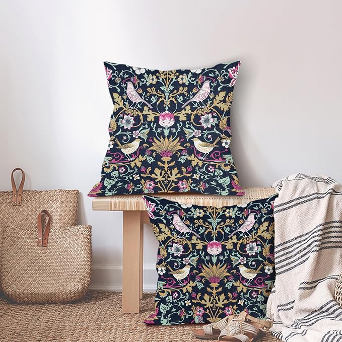 Chinoiserie Floral Bird Colorful Pillow Covers 18X18 in Set of 2 Hot Pink Tan Teal Green Pimpernel Flower Throw Pillow Cases Vintage Art Pillowcases Home Decor for Couch Patio Sofa Porch