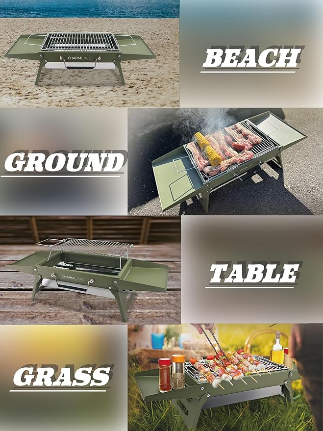 Charmline 14 x 9 inches Small Portable Charcoal BBQ Grill, Foldable Compact Camping Barbecue for 1–3 People, Ideal for Garden, Beach, Picnic & Tabletop Use, Green
