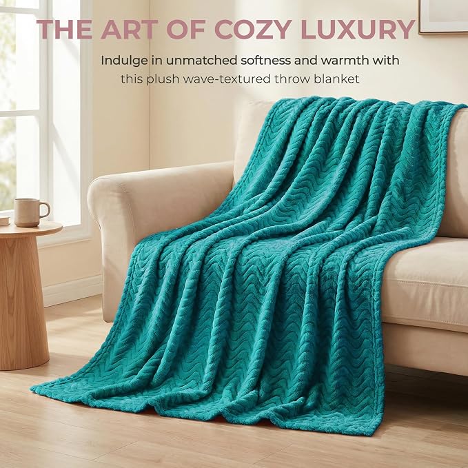 Exclusivo Mezcla Large Fleece Throw Blanket for Couch, Sofa, Teal | 50"x70" Soft Breathable Lightweight Flannel Throws for Summer, Plush Cozy Jacquard Wave Blanket for Home Decor