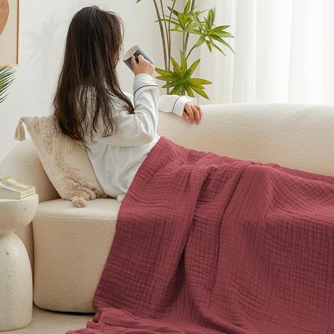 Love's cabin 100% Cotton Muslin Blanket, 6 Layer Lightweight Breathable Gauze Large Throw Blanket 50 x 70 Inches, Soft Cooling All Season Blanket for Couch or Sofa, Wine Red