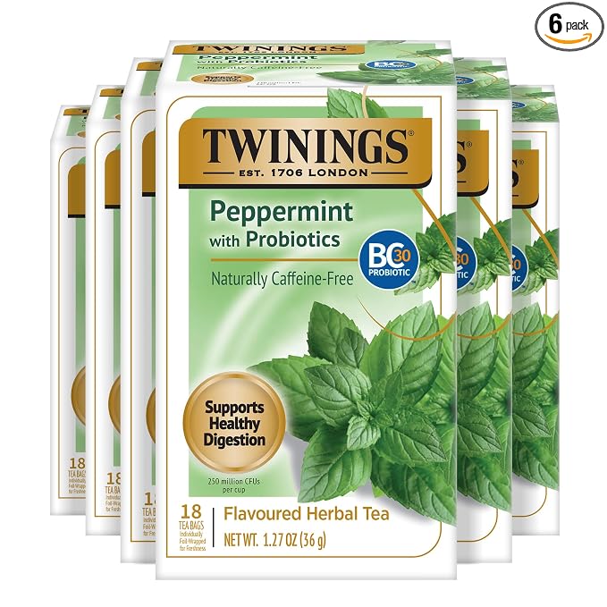 Twinings Peppermint with Probiotics Herbal Tea, 18 Count (Pack of 6), Supports Healthy Digestion, Naturally Caffeine-Free, Enjoy Hot or Iced, 96 Teabags