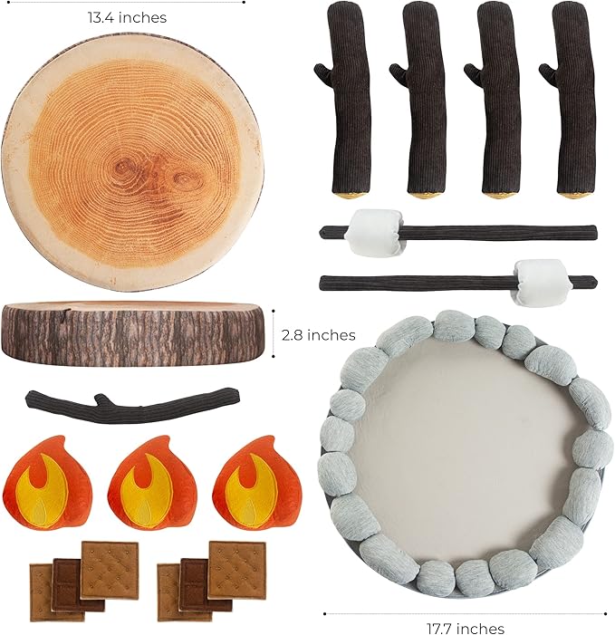 Pretend Campfire Set for Kids with S'Mores Kit & Wood Log Pillow - Soft, Safe & Durable Toy Campfire for Pretend Play & Sensory Play - Giftable Plush Felt Kids Campfire Playset for Ages 3+