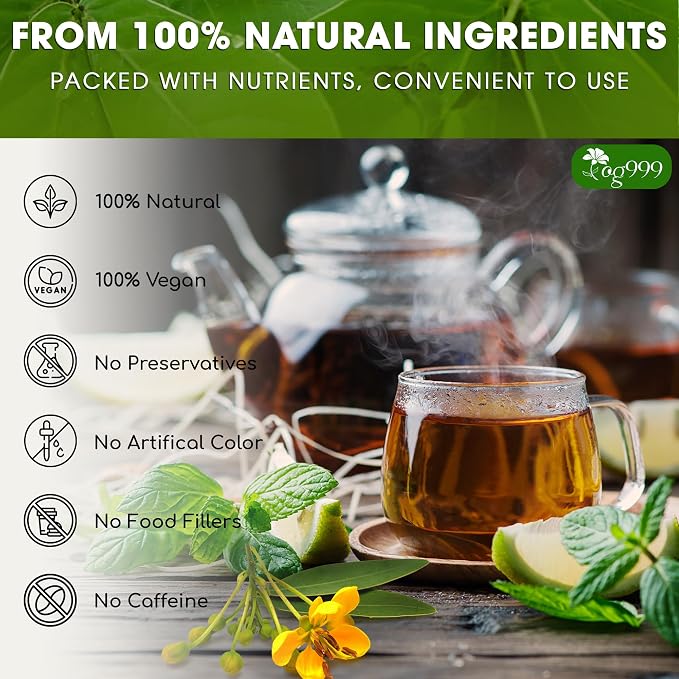 TOG999, 100 Tea Bags, Blend of Senna Leaves - Peppermint - Licorice - Fennel, 100% Natural Ingrendients, Hand-made Herbal Tea, Relieves Constipation Naturally Tea, No Sugar, No Caffeine, No Gluten, Vegan.