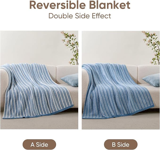 Snuggle Sac Ultra Soft Blue Throw Blanket for Couch, Reversible Cozy Knitted Ribbed Blankets, Fuzzy Knit Striped Throws for Sofa, Bed, Home Decor, Blue 50"x60"