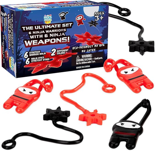 12 Pc. Ninja Toys Set with Stretchy Flying Ninjas and Colorful Throwing Stars Slingshots, Flexible and Sticky Elastic, Fun Birthday Party Favors for Boys and Girls