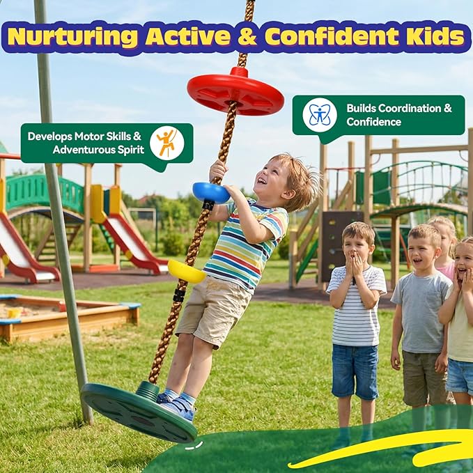 HeyZoo Dual Large Disc Tree Swing for Kids 330LB Capacity, Rope Swing with 3 Small Platforms, Outdoor Backyard Playground Seats Set with Carabiner and Thickened Strap, 1 Pack