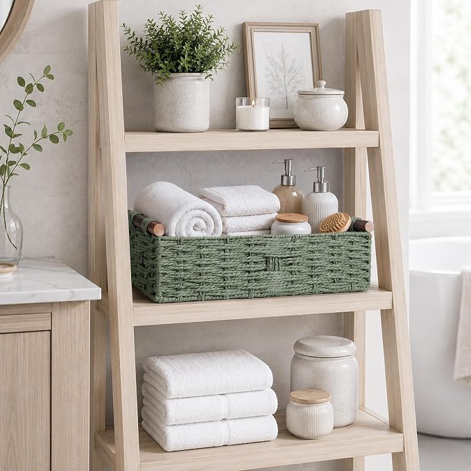 Round Paper Rope Storage Basket Wicker Baskets for Organizing with Handle Decorative Storage Bins for Countertop Toilet Paper Basket for Toilet Tank Top Small Baskets , Green | with Handle for Bedroom Home Decor and Shelves Apartment Countertop Use,Green
