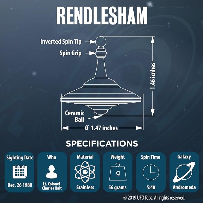 UFO Tops Rendlesham - Metal Spinning Fidget Toy Top - Inspired by The Documented 1980 UFO Sighting in Rendlesham, England - Stainless Steel