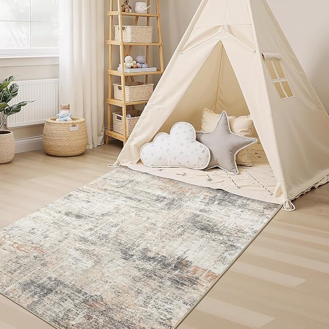3x5 Area Rug for Entryway, Gold Abstract Washable Non-Slip Rug for Kitchen | Low Pile Soft Small Rugs, Abstract Carpet for Bathroom Bedroom Tool Room, Stain Resistant Foldable Distressed Rug