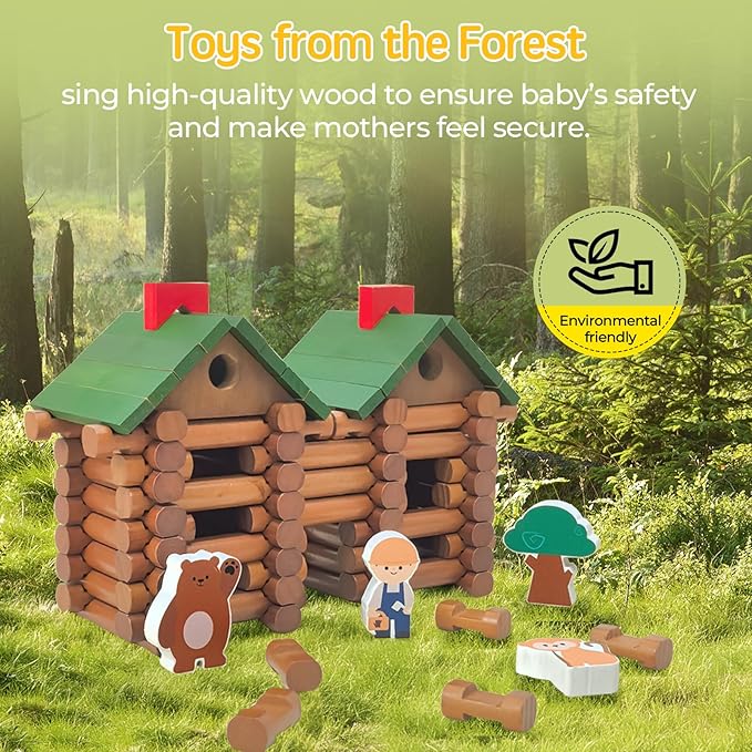 340 Pieces Wooden Log Cabin Ages 3+ Preschool Education Toy Building Log Gift for Boy/Girl Creative Construction Engineering Real Wood Logs (340PCS)