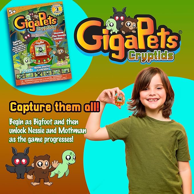 Giga Pets Cryptids Interactive Digital Pet, Bigfoot, Mothman, Loch Ness Monster Pets for Kids, 90’s Gaming Gift for Boys and Girls