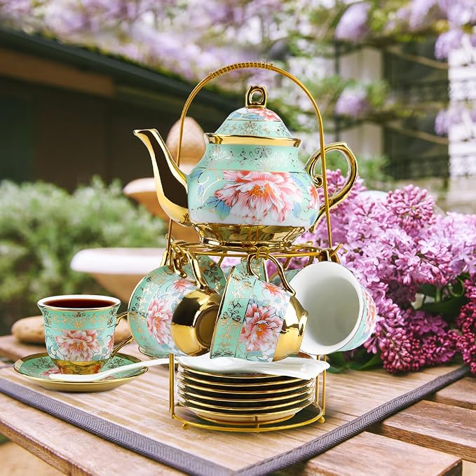20Pcs European Ceramic Tea Set with Metal Stand, Porcelain Vintage Floral Tea Cup and Saucer Set for 6 People, Complete Gift Set with Teapot, Spoons for Wedding, Bridal Shower, Afternoon Tea Party