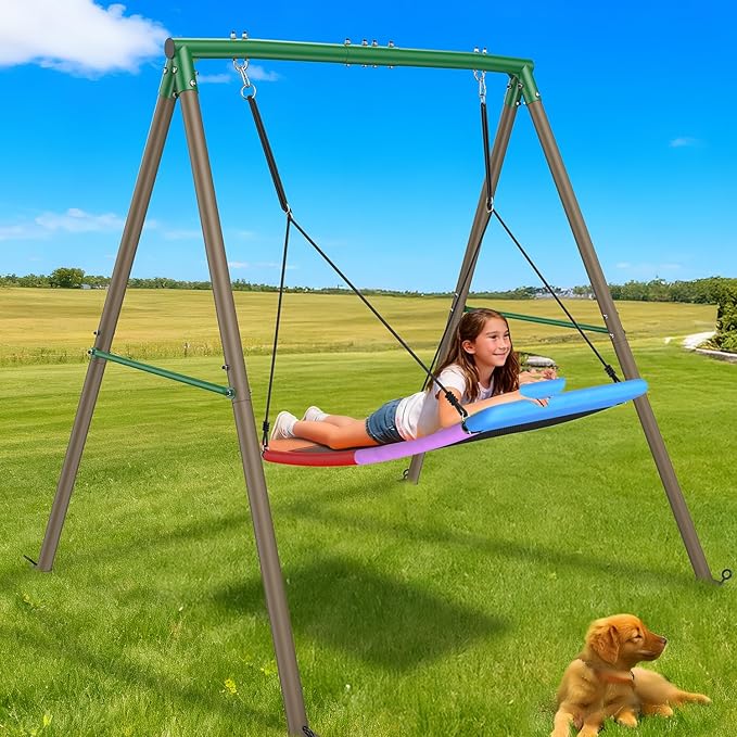 Trekassy Swing Sets for Backyard, 440lbs Heavy Duty A-Frame Metal Stand with 60" Large Platform Swing for Outdoor Playground Park（Green/Tan Frame + Rainbow Swing）(Patented)