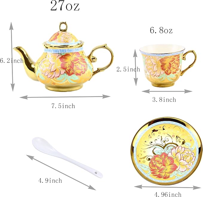 20 Pieces Porcelain Tea Set With Metal Holder, European Ceramic tea set for adults,Flower Tea Set,Tea Set For Women With Flower Painting (Large version, Deep yellow)