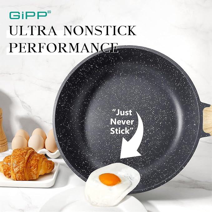 GiPP Nonstick Frying Pan Skillet with Lid - 9.5" Grey Granite Non Stick Pans, Omelette Pan with Heat-Resistant Handle, Compatible with All Stovetops, PFOA Free