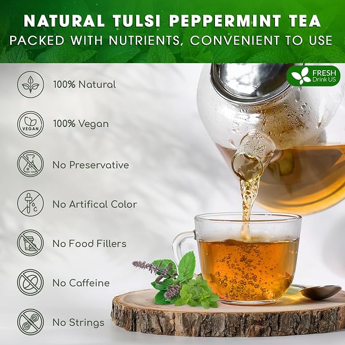 FreshDrinkUS, Premium Tulsi Peppermint Herbal Tea – 55 Tea Bags, 100% Natural, Blend of Tulsi Holy Basil Leaves, and Peppermint Leaves. Made with Natural Material Tea Bags. No Sugar, Vegan.