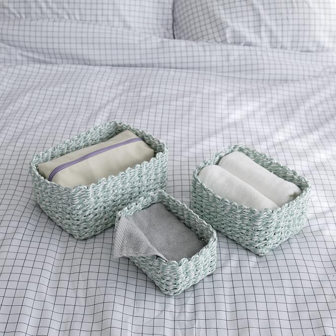 LA JOLIE MUSE Paper Rope Storage Baskets for Organizing, Recycled Wicker Storage Basket Container Bins for Shelves Cupboards Drawer, Small Woven Basket Set of 3 (Green White)