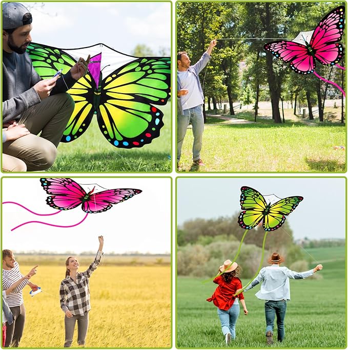 Silipull 2 Pcs Butterfly Kite 55" x 28" Large Kites with 328ft Kite String Beach Colorful Kites for Adults Beginner Outdoor Supplies (Pink and Green)