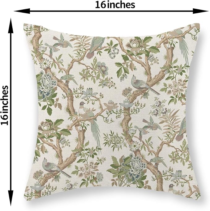Green Floral Bird Pillow Covers 16x16 Set of 2 Chinoiserie Throw Pillows Green Vintage Flowers Bird Decorative Pillow Cases Outdoor Chinoiserie Decor Farmhouse Cushion Case for Couch Sofa