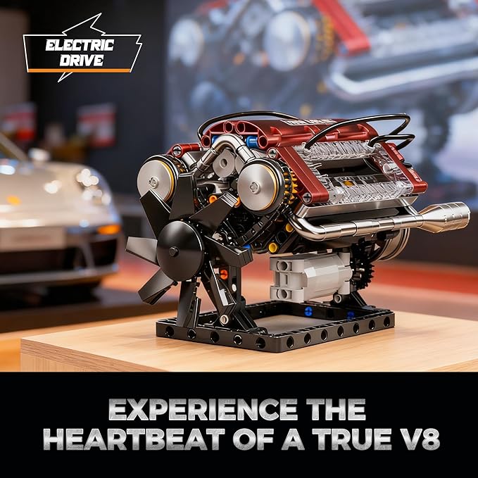 V8 Engine Building Blocks Sets, V8 Engine Model Kit, Runnable Model Engine Building Sets, Mini Engine Kits with Crankshaft & Rotating Fan, for Adults & Kids