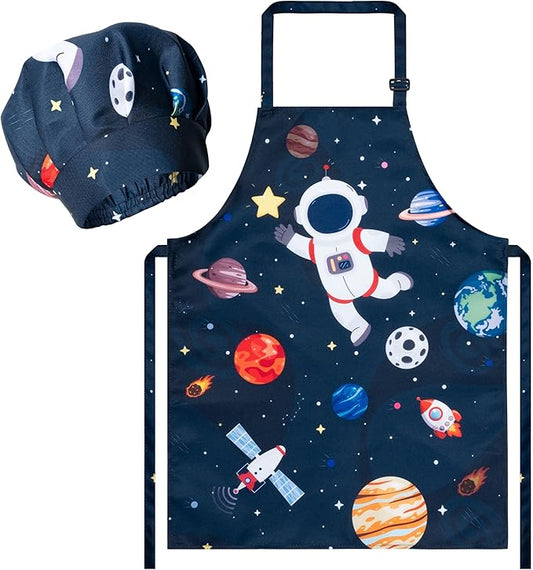 R HORSE Kid Apron and Chef Hat Set - 2Pcs Adjustable Space Astronaut Children Kitchen Apron Dress up Role Play Chef Toy Kid Cooking Gift Birthday Gift for kids Cooking Baking Painting and Training