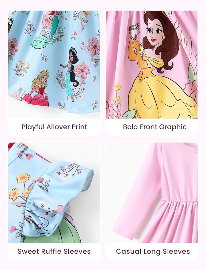 Disney Frozen Elsa Stitch Princess Minnie Mouse Toddler Girl Dresses 2 Pack Ruffle Long Sleeve Dress Set (3 Months - 6 Years)