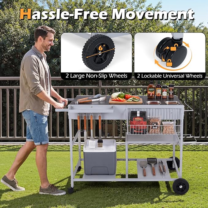 HAPPYGRILL Outdoor Grill Cart with Lockable Wheels & Garbage Bag Holder | Movable BBQ Pizza Oven Stand with Removable Hooks, Portable Cooking Prep Table for BBQ Party