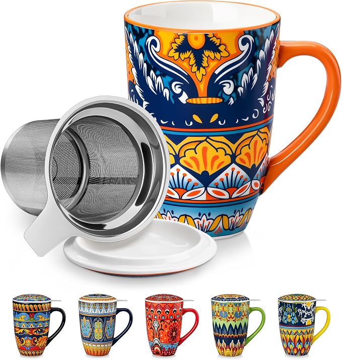 vancasso Ceramic Tea Cup with Infuser and Lid, 18 Ounce Tea Infuser Mug for Loose Leaf Tea, Microwave & Dishwasher Safe, Bohemian Mandala, Gift for Tea Lovers, Amber Iris Bloom