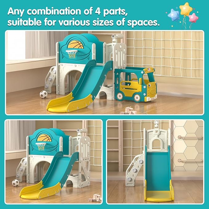 NYEEKOY 9-in-1 Toddler Slide, Bus-Themed Baby Slide and Climber Playset with Basketball Hoop, Ring-Toss, Car Playhouse, Kids Indoor and Outdoor Playground