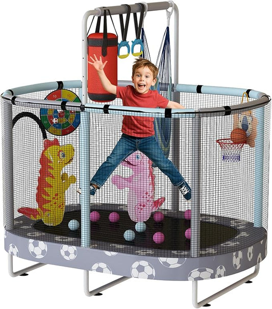 LAMERGE 55" 7-in-1 Round Trampoline for Kids Boys & Girls Ages 1-8, Indoor & Outdoor Trampoline for Fun, Adjustable Height Handrail ＆ Enclosed Safety Net ＆ Durable Designs for Toddlers Children