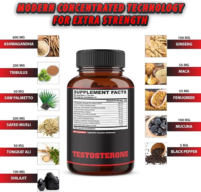 Testosterone Supplement for Men with Ashwagandha, Tribulus, Ginseng & More - 11 Herbs - Strength Support - 60 Vegan Capsules 1 Month Supply