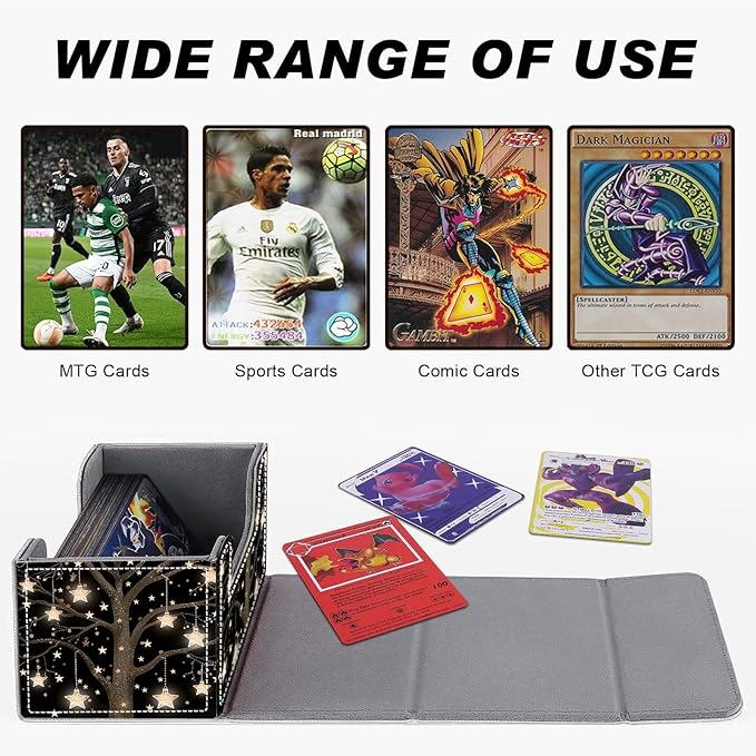 DEGDFSGR for TCG MTG Card Game Storage Box Organizer Trading Card Case Commander Deck Box Magnetic Closure Creative Pattern Up to 200 Cards, Golden Stars In The Branches