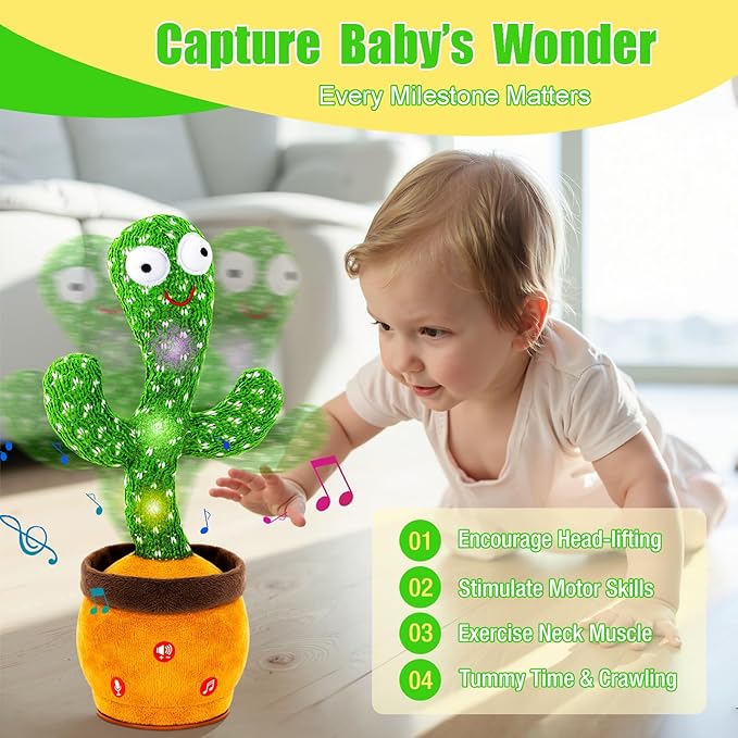 Ayeboovi Baby Toys Dancing Talking Cactus, Mimicking Recording Cactus Toy Repeats What You Say, Volume Adjustable Toddler Toys Singing Cactus with 120 Songs, Tummy Time Toys for Kids Boys Girls