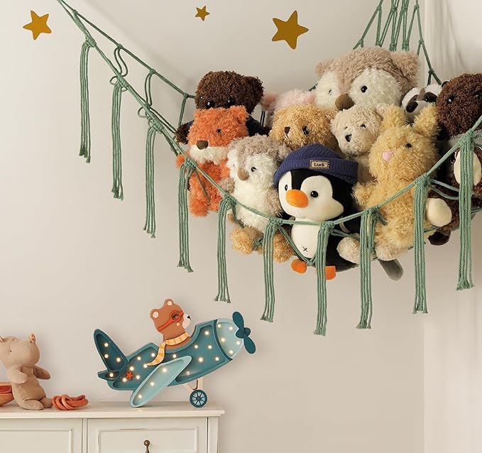 Stuffed Animal Hammock-Large Stuffed Animal Net For Toys Corner-Hanging Stuff Animal Toy Storage Organizer For Plush Plushie Display Yellow Girl Room Bedroom Boho Nursery Decor Toy Storage