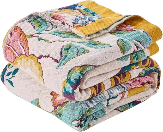 Boho Throw Blanket Farmhouse Decor Throw Blanket Bohemian Blanket for Bed 100% Cotton Muslin Woven Couch Blanket All Seasons Quilt Bedroom (C-Beige, 50"x60")
