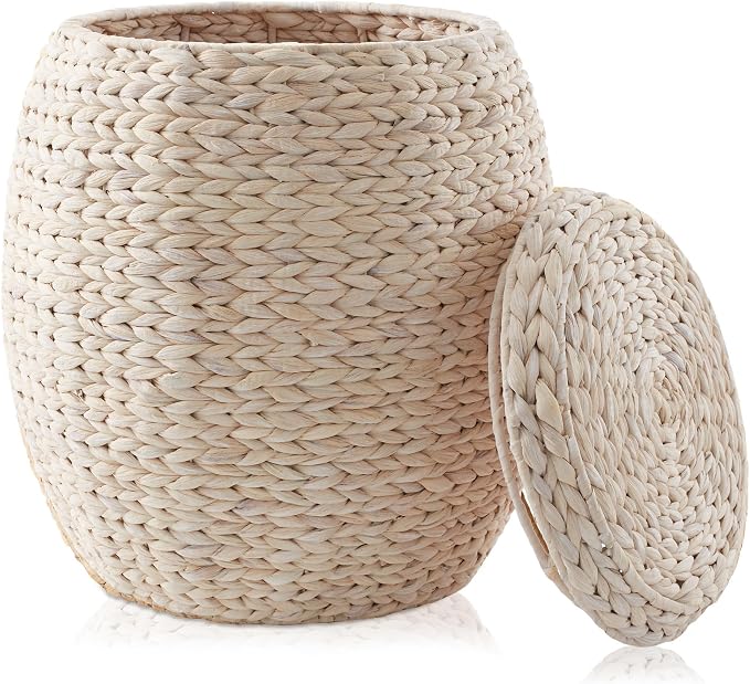 Casafield Round Storage Basket with Lid - Whitewash, Handwoven Water Hyacinth Organizer for Laundry, Blankets, Plants, Bedroom, Living Room, Office