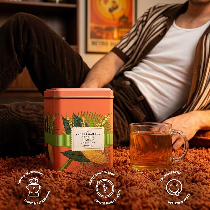 Life Plus Style Gourmet Secret Garden Organic Mango Green Tea Naturally Caffeinated Sugar-Free Non-GMO USDA Certified Premium Tea Tropical Fruit 50 Tea Bags Gift Tin