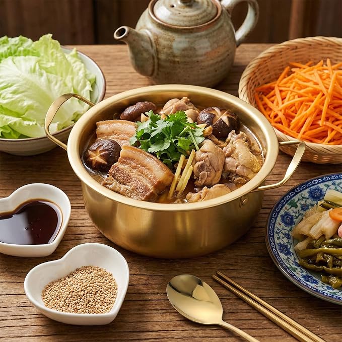 2 Pack Korean Ramen Pot With Lid, Korean Ramen Noodle Pot with Handles, Koreans Noodle Cooker with tableware, Koreans Pots Stainless Steel Cooking Pots, Golden KoreanCookingPot(7", 8")