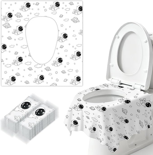 Disposable Toilet Seat Covers (Space Theme)-Extra Large 24.5x25.5in,Safe & Waterproof,4 Adhesive Strips-Fits Kids,Adults,Travel,Public Restroom Airplane,Toddler Potty Training,Indiv Wrapped