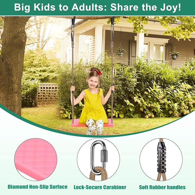 SELEWARE Heavy Duty Swing Seat with Adjustable Rope, 300lbs Capacity Non-Slip Plastic Tree Swing for Kids, Playground Swing Set Accessories Replacement with Snap Hooks for Indoor Outdoor Use (Pink)
