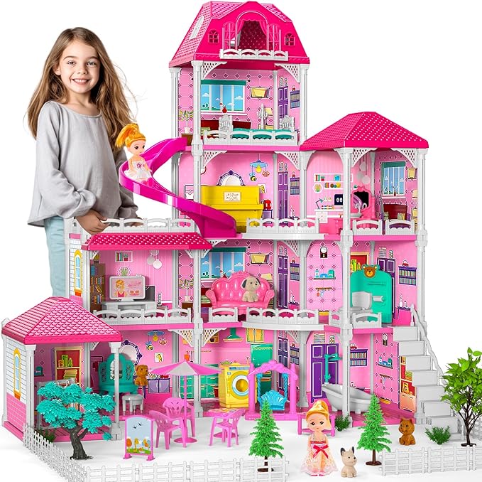 Dolls House for Girls Toys, 4 Stories 10 Rooms Dollshouse with 2 Princesses Slide Accessories, Playset for Toddler Playhouse Gift for for 3 4 5 6 7 8+ Year Old Girls Toys