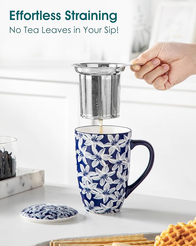 vancasso SELENE Porcelain Tea Mug, 18 oz Porcelain Tea Cup with Infuser and Lid Steeps Loose Leaf Tea, Microwave & Dishwasher Safe, Blossom Cluster