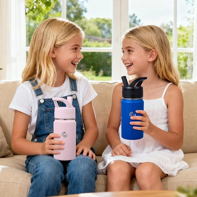 2 Pack Kids Water Bottle,14oz Stainless Steel Insulated Water Tumbler Leak-Proof,School Water Mug,Small and Portable,Suitable for Boys and Girls to Use(Pink + Blue)